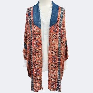 Sloane Rouge Kimono Cardigan Womens Medium Large Gold Blue Boho Crochet Made USA